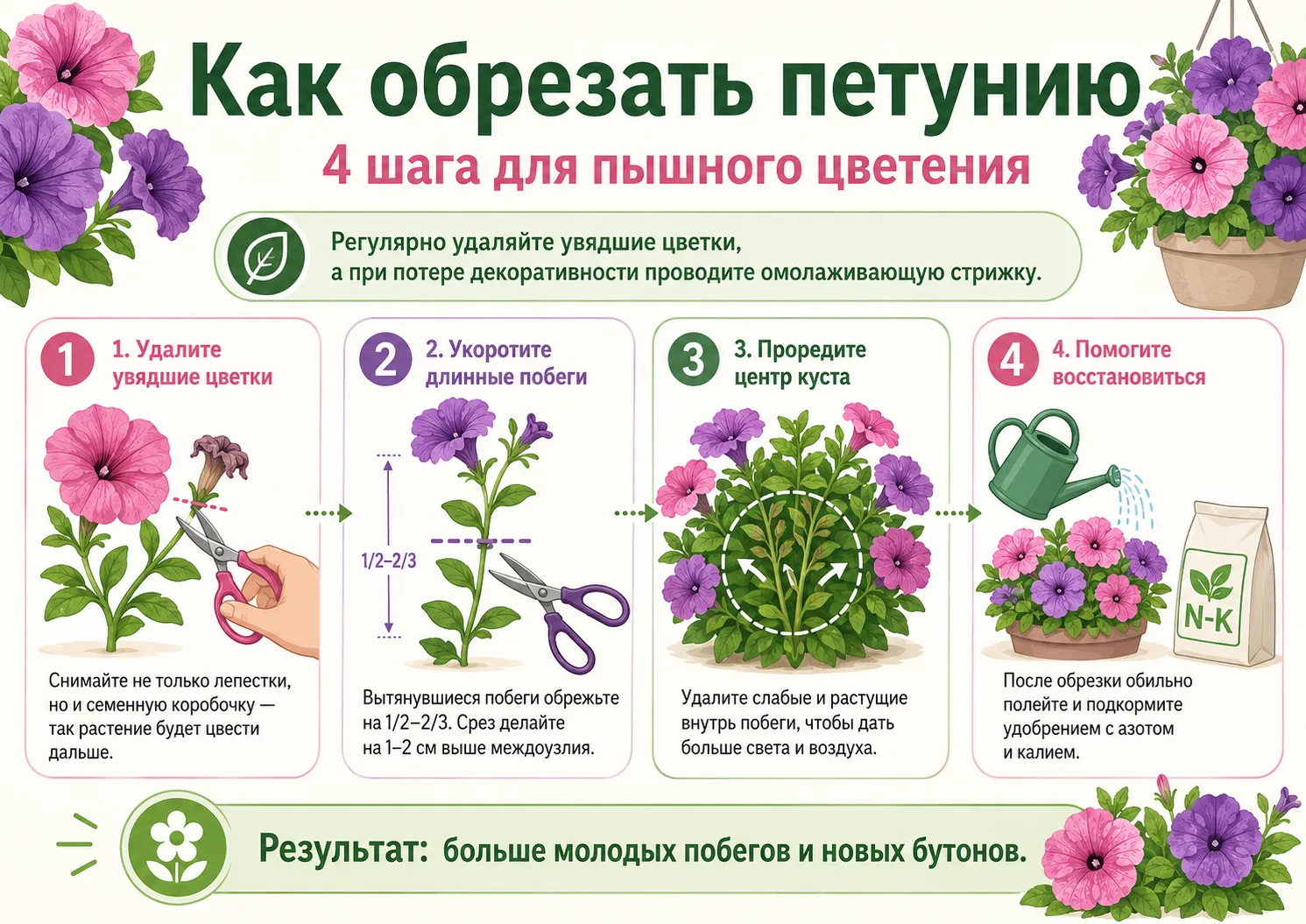 Как продлить цветение петуний в июле: обрезка и подкормка