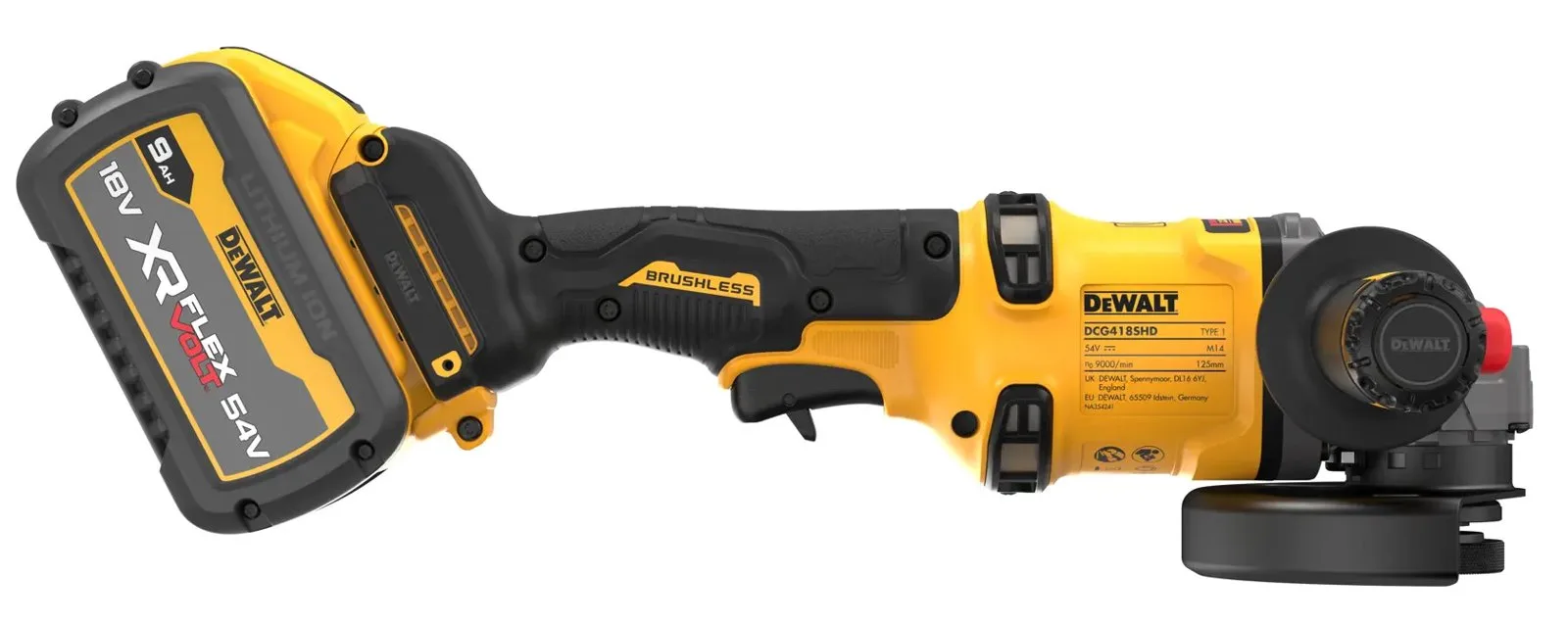 Аккумуляторная углошлифовальная машина DeWalt DCG418SHDX2-GB — фото производителя