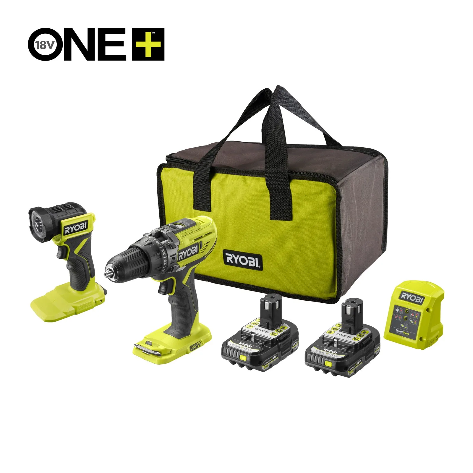 Аккумуляторный ударный дрель-шуруповерт с фонарем Ryobi R18PD3-2C20SLF