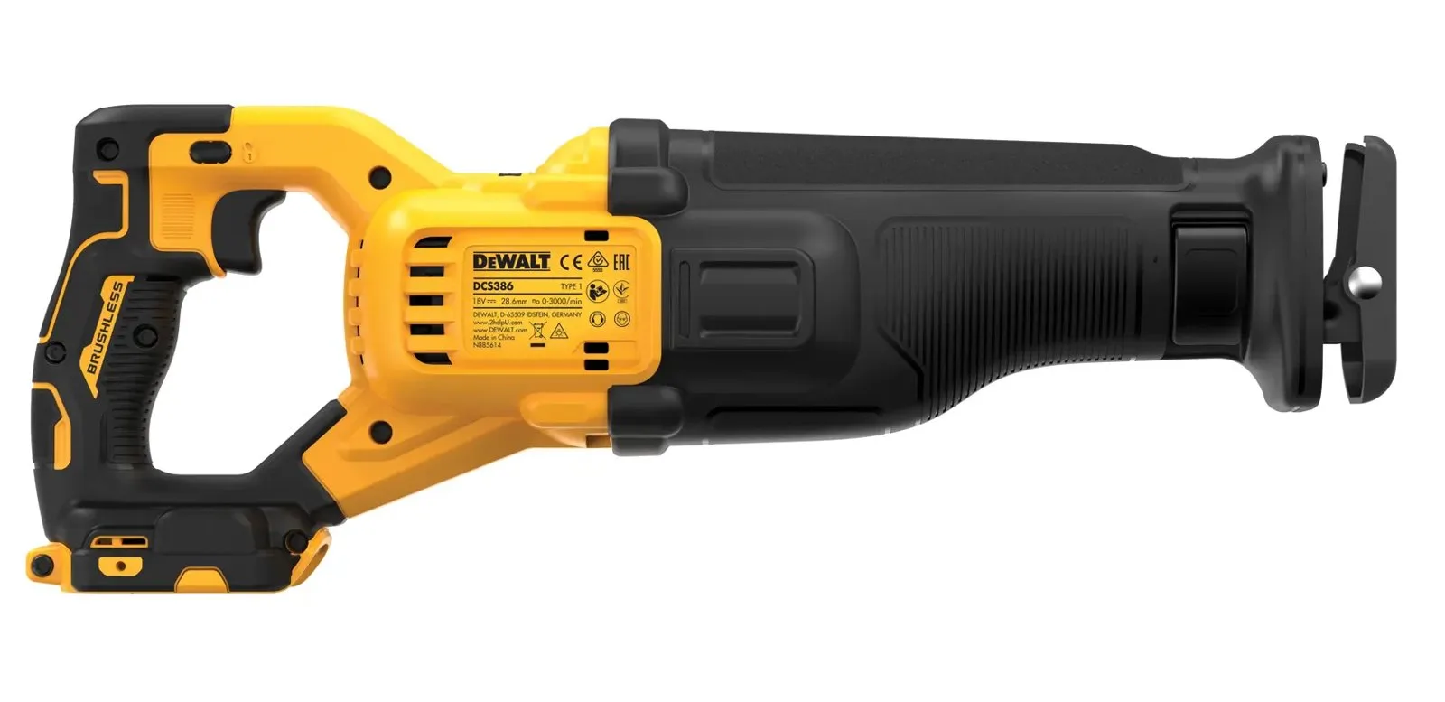 Аккумуляторная сабельная пила DeWalt DCS386NT-XJ — фото производителя